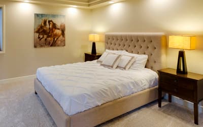 Chambre avec moquette beige au sol